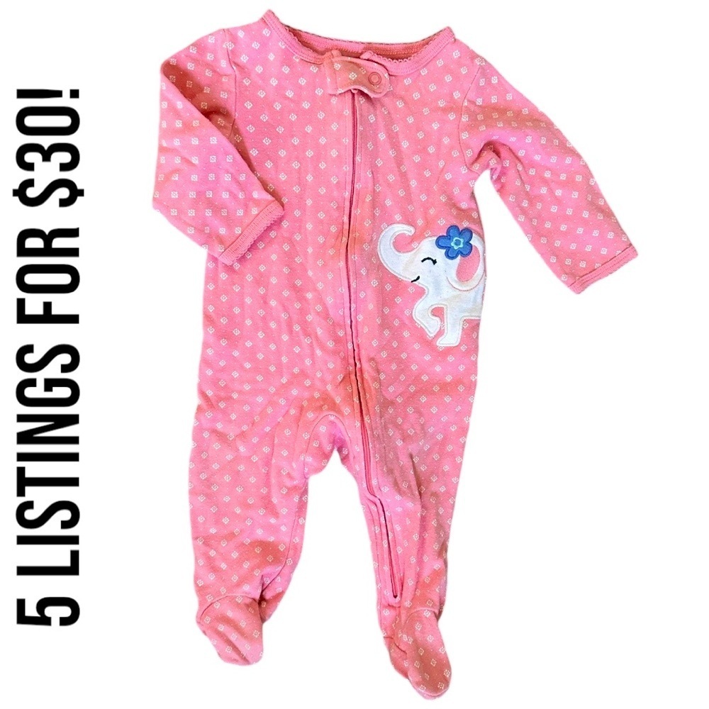 Carter's Pink Elephant Zip Up Footie Pajamas 6 Months Baby Girl
